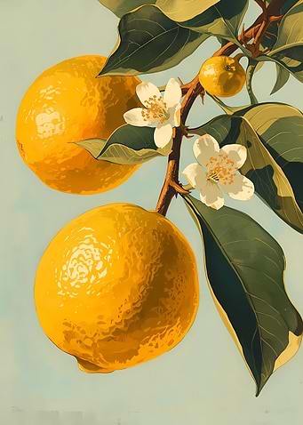 Bergamot Lemons on a Branch with Flowers