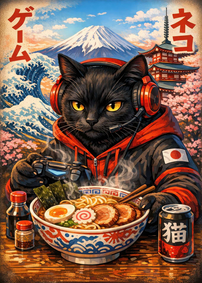 Gamer Cat Eating Ramen