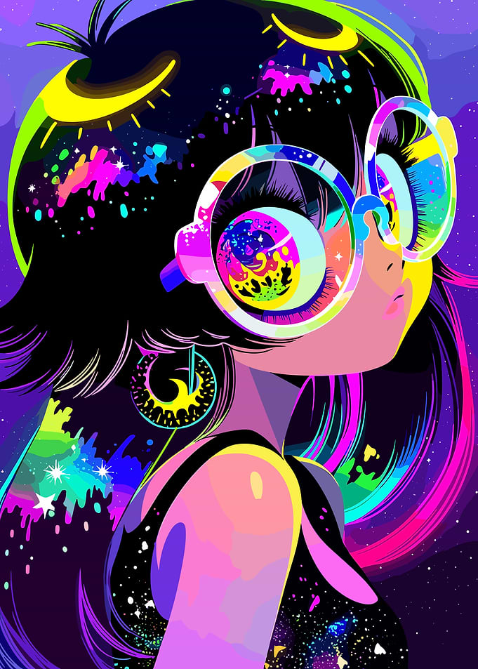 Cosmic Girl with Colorful Glasses