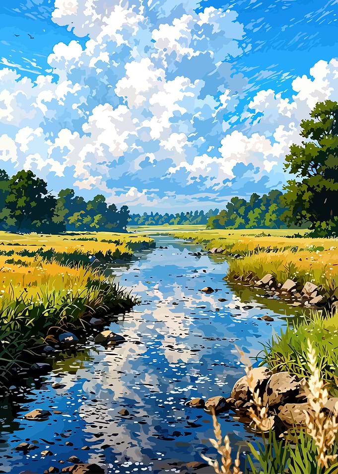 Serene River Landscape with Clouds