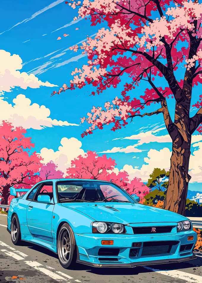 Blue Nissan Skyline R34 with Cherry Blossoms