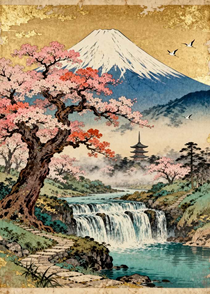 Mount Fuji with Cherry Blossoms and Waterfall