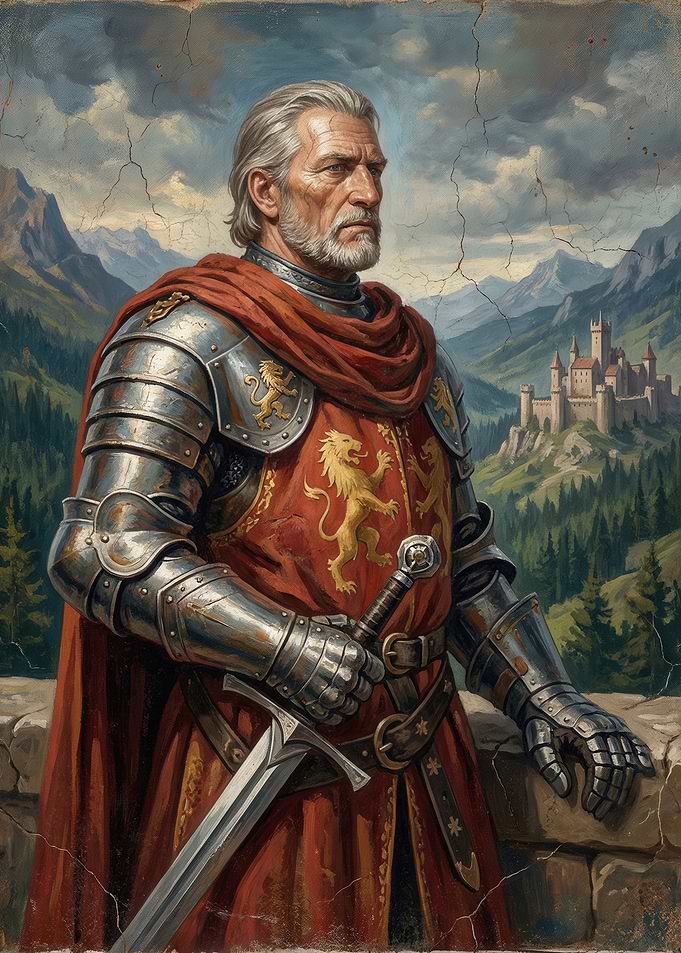 Medieval Knight in Armor with Castle Background