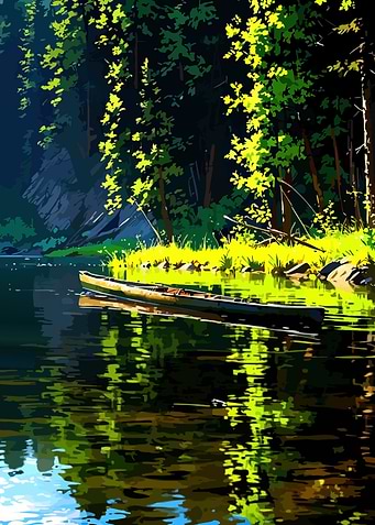 Canoe on a sunlit lake