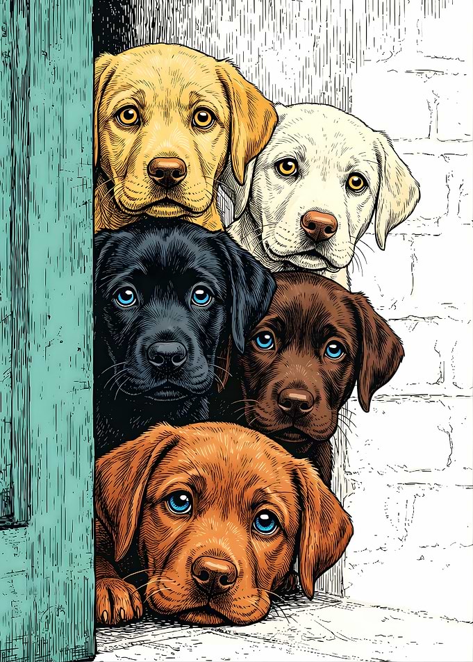 Curious Labrador Puppies Peeking - Cute Dog Art Poster - Multi Breed Lab Puppy Vintage Style Poster