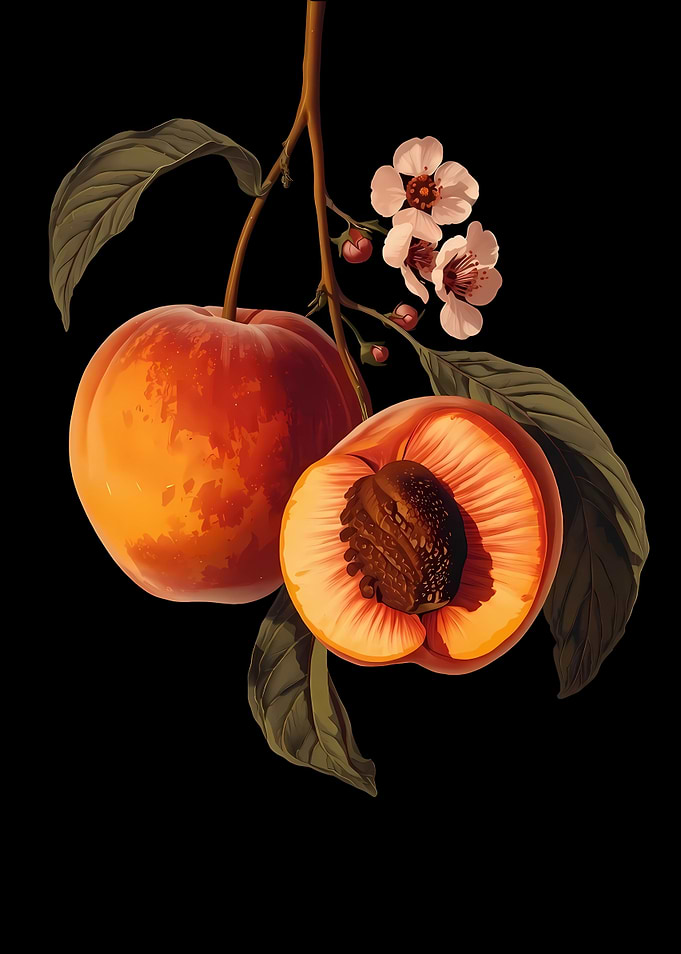 Peaches on a Branch with Flowers