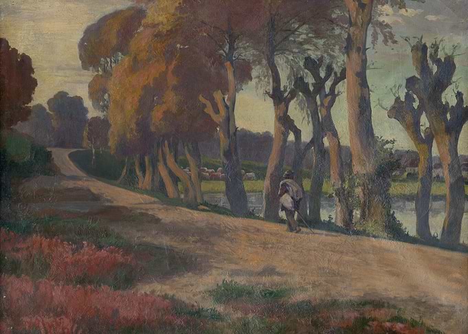Shepherd walking on a path by a river
