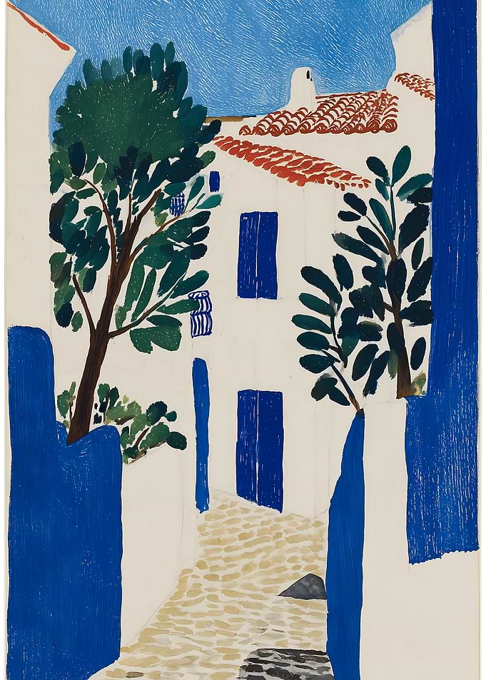 Mediterranean Street Scene with Blue Accents