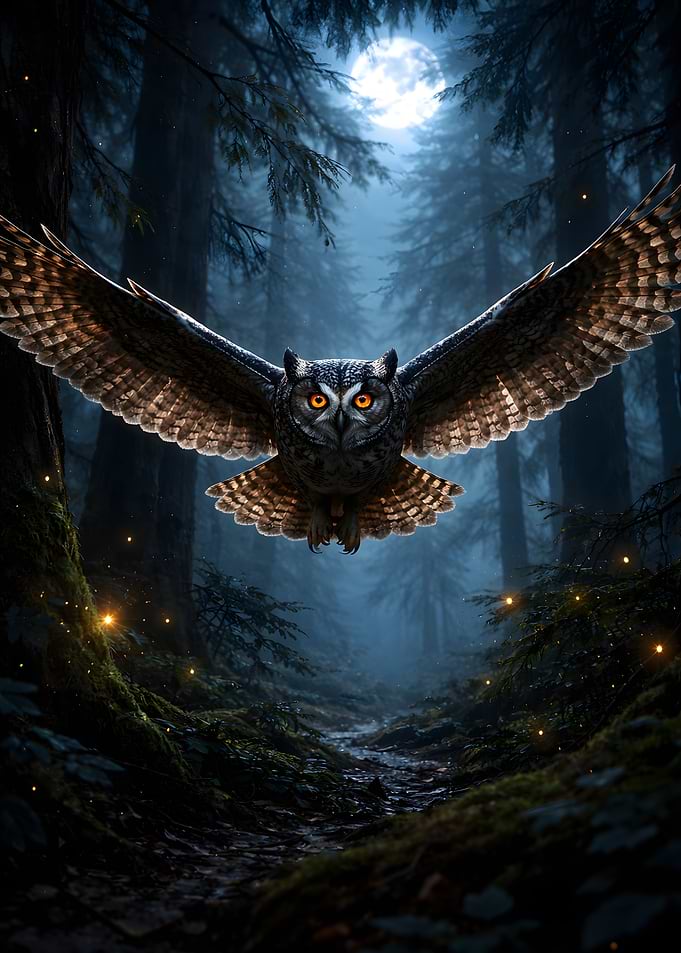 Night Owl flying in a moonlit forest