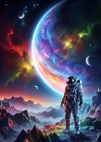 Astronaut on alien planet with nebula