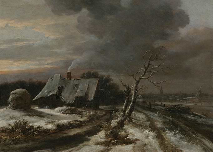 Winter Landscape with Farmhouse and Distant Town