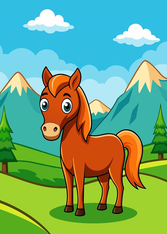 Cartoon Horse in a Mountain Landscape
