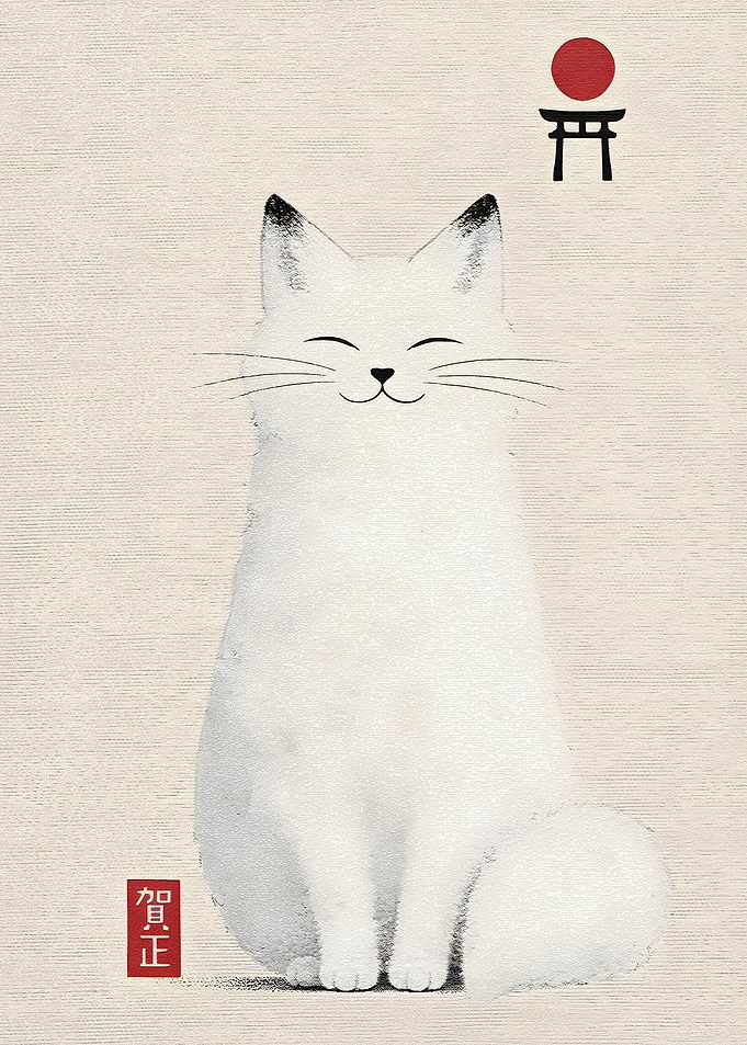 White Cat with Japanese Torii Gate