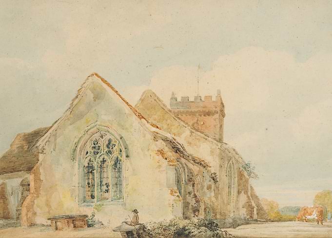 Watercolor painting of an old church and cow