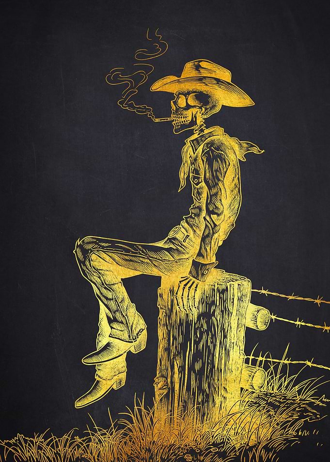Skeleton Cowboy Smoking on Fence Post