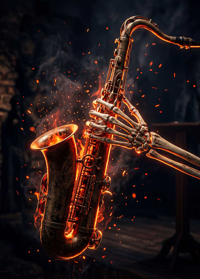 Skeleton Playing Fiery Saxophone