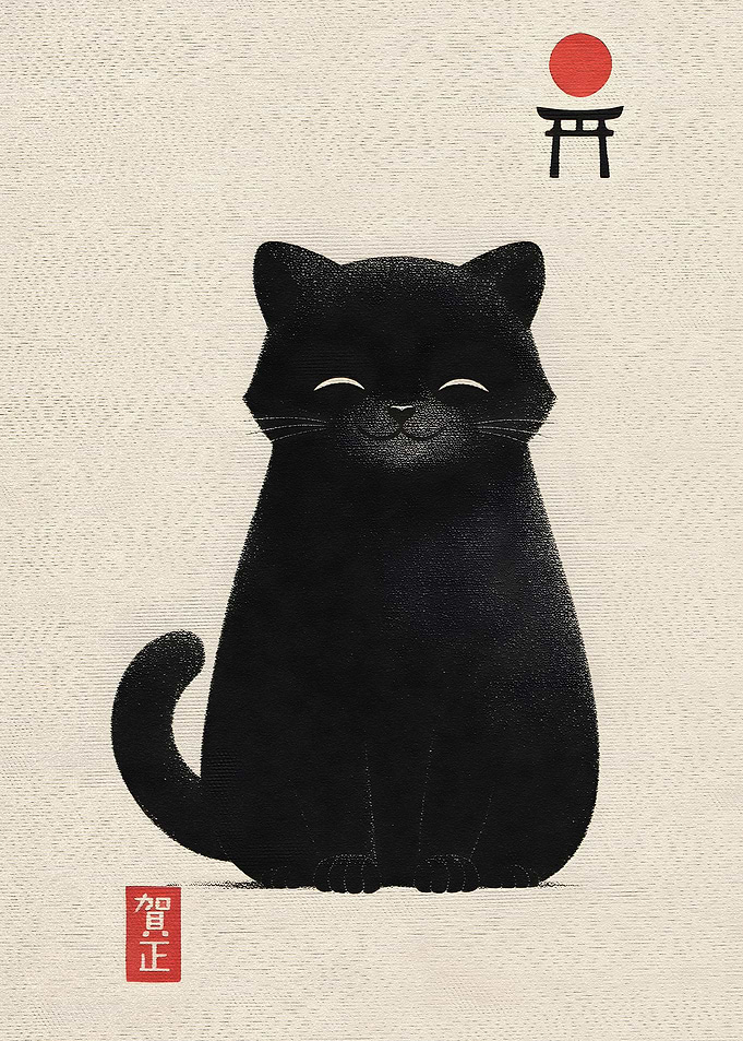 Black Cat with Japanese Torii Gate