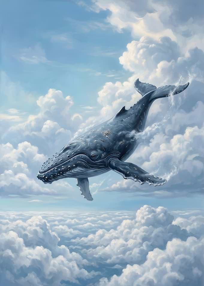 Whale swimming through clouds