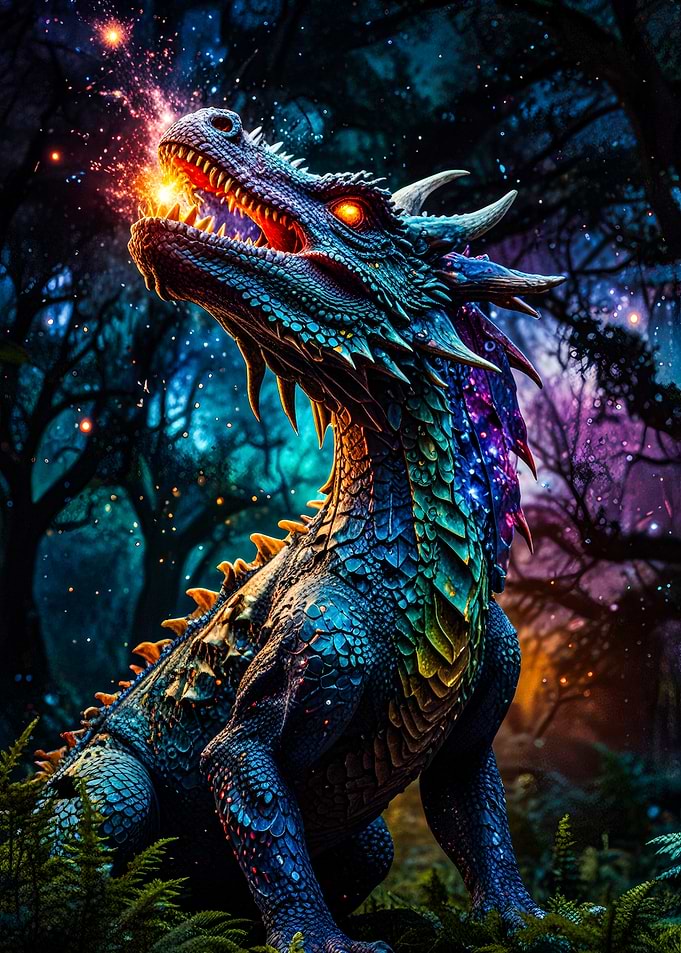 Dragon breathing fire in a magical forest