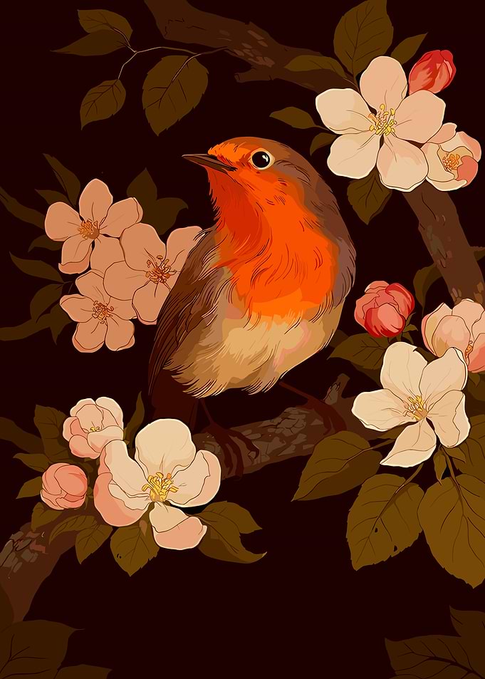 Robin on a blooming branch