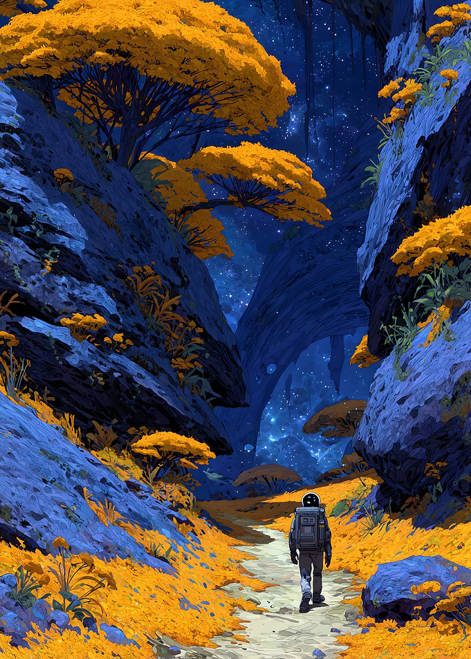 Astronaut exploring alien canyon