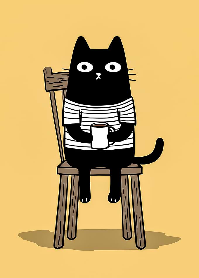Black Cat with Coffee on Chair