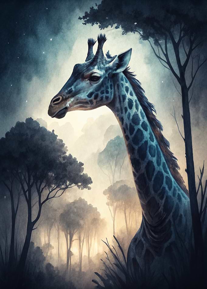 Giraffe in a Misty Forest