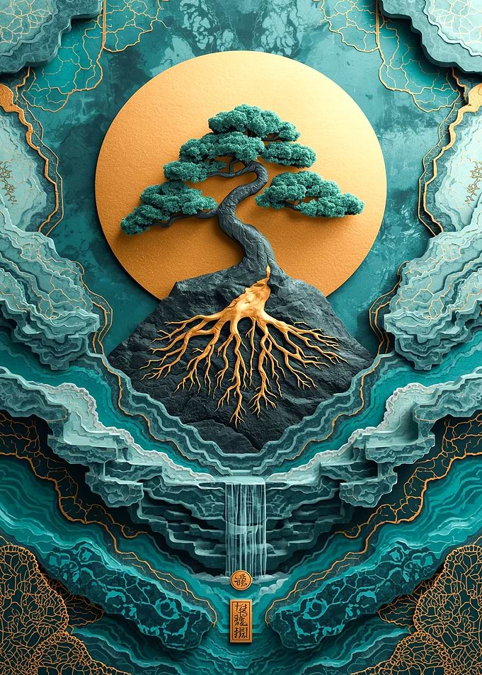 Zen Bonsai Tree Waterfall Art