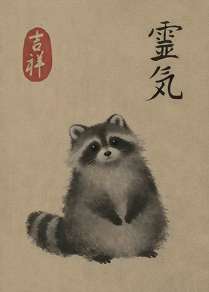 Cute Raccoon with Japanese Calligraphy