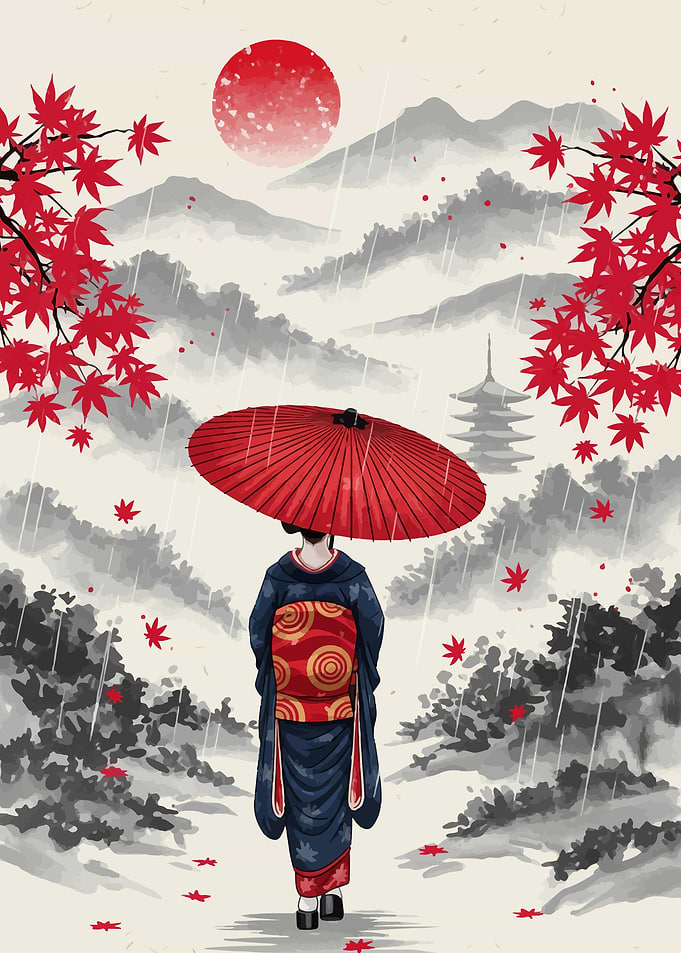 Geisha with Umbrella in Autumn Rain