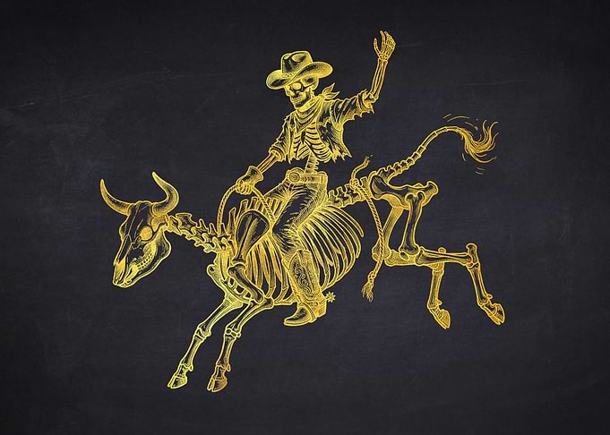Skeleton Cowboy Riding a Skeleton Bull