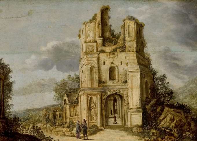 Ruined ancient architecture with figures