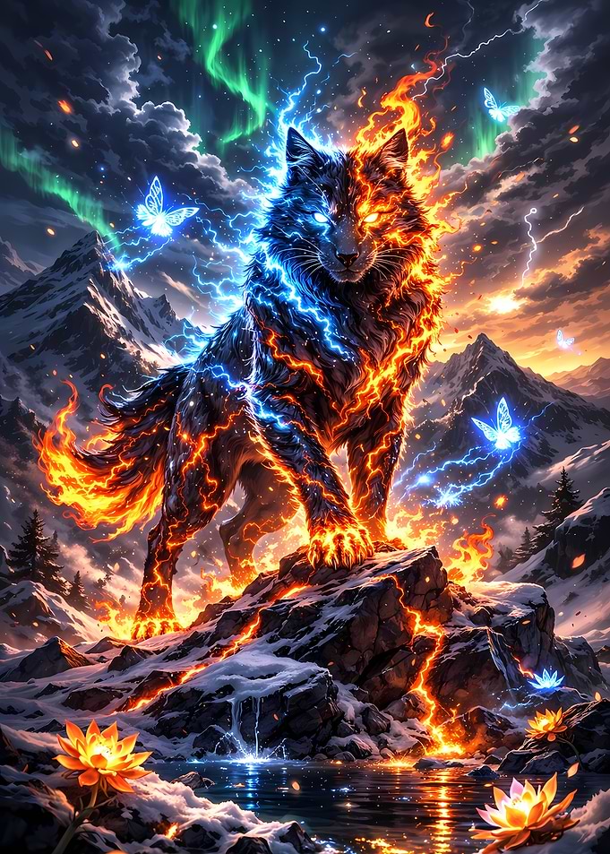 Elemental Wolf in Snowy Mountains