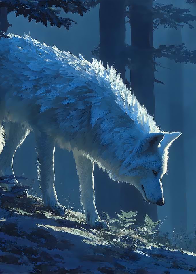 White wolf in a misty forest