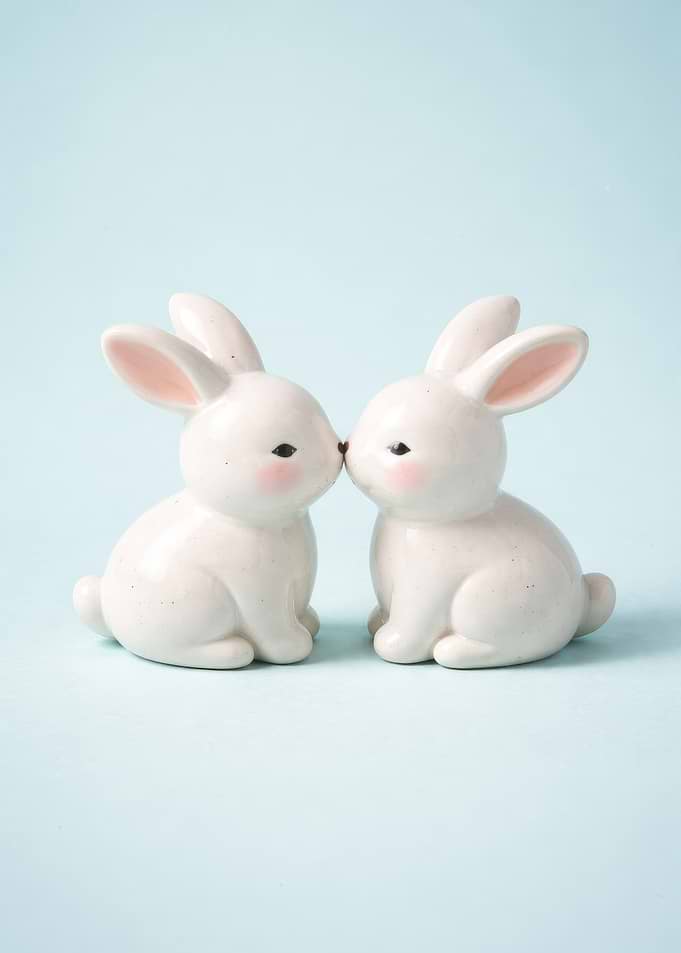 Two White Ceramic Bunnies Kissing