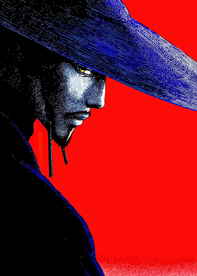 Man in Blue Hat on Red Background