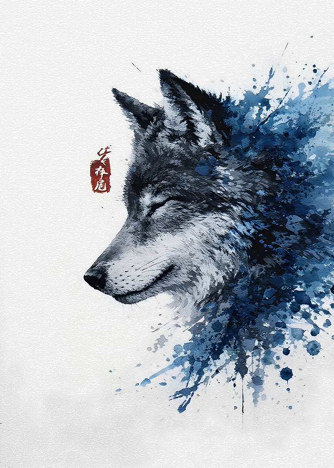 Watercolor Wolf with Blue Splatter