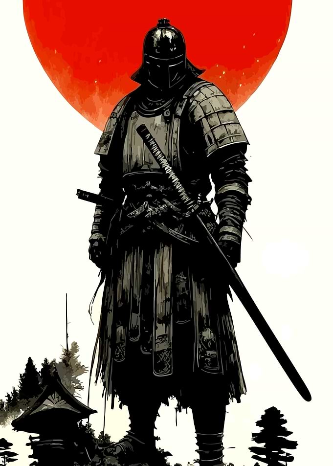Samurai Warrior Against Red Sun
