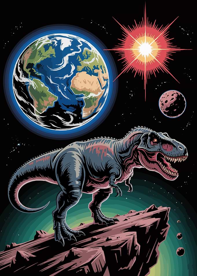 Dinosaur on a rock in space