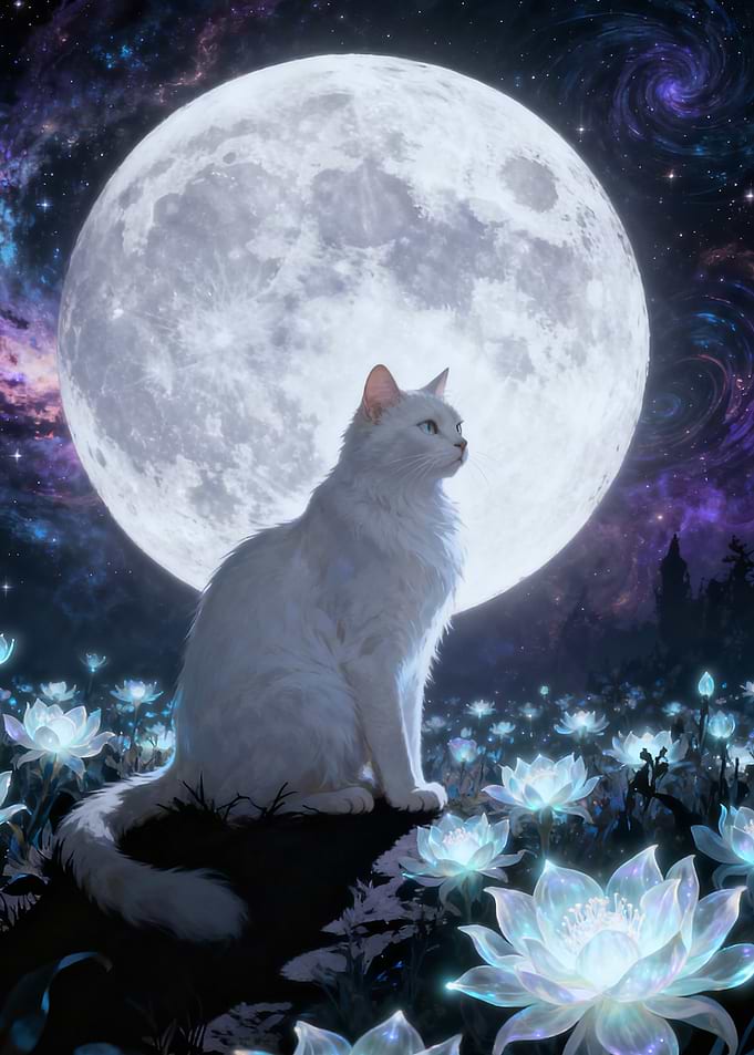 White Cat Under the Full Moon