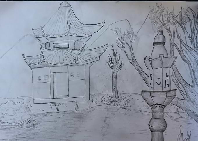 Pencil Sketch of a Pagoda and Lantern