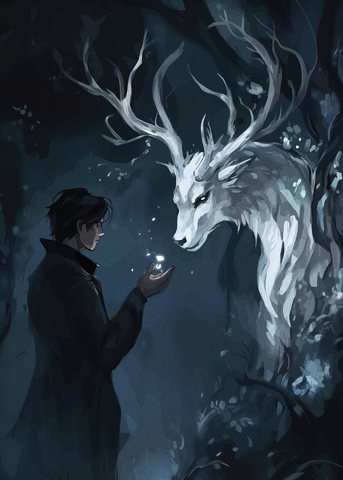 Man and mystical deer in forest