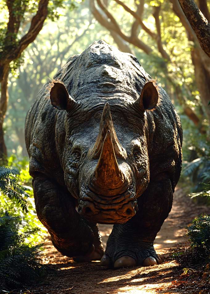 Rhino walking on a forest path