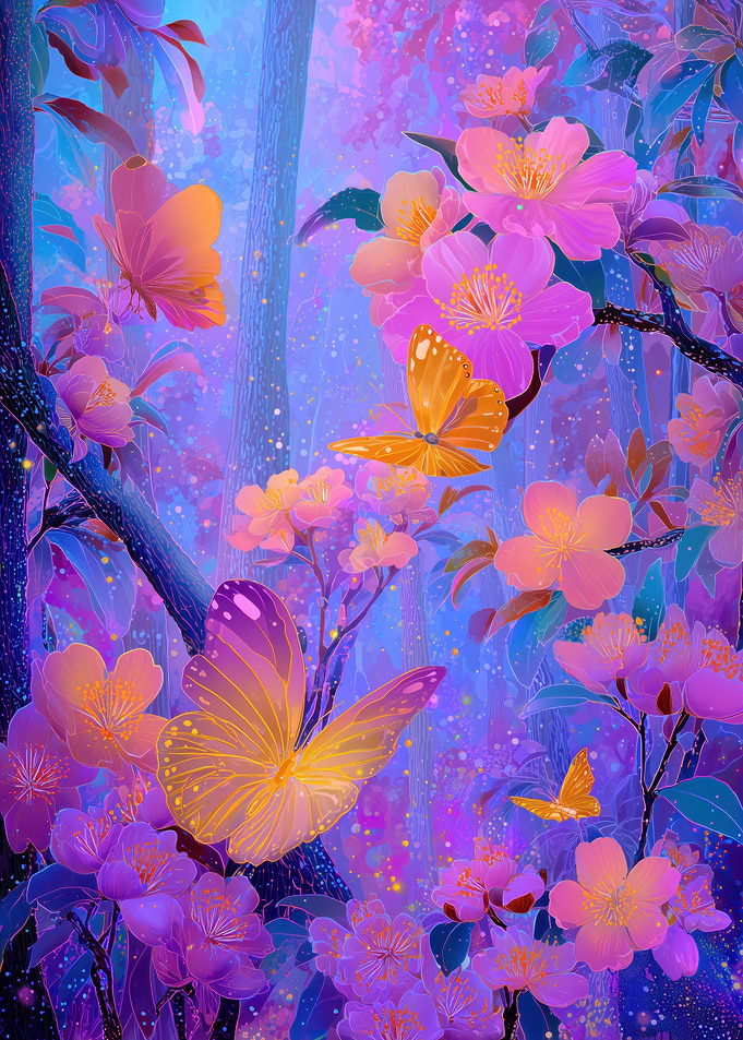 Enchanted Forest with Butterflies and Flowers