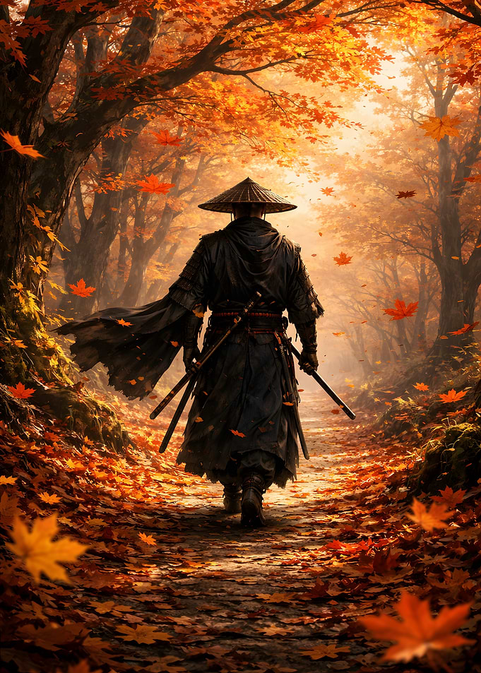Samurai Walking Through Autumn Forest