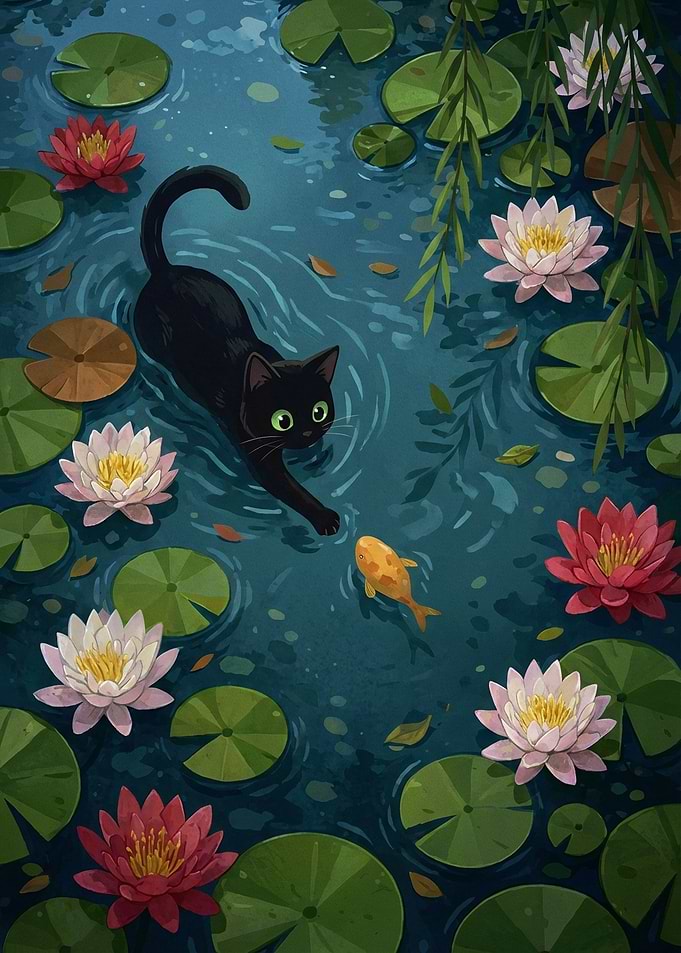 Black cat and goldfish in a pond