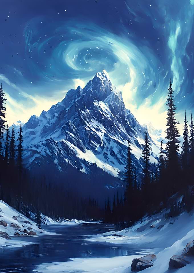 Aurora Borealis Over Snowy Mountains