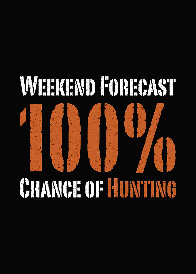 Funny hunting wall art - 'Weekend Forecast: 100% Chance of Hunting' rustic man cave poster for hunters