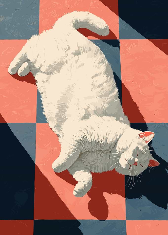 White cat sleeping on checkered floor