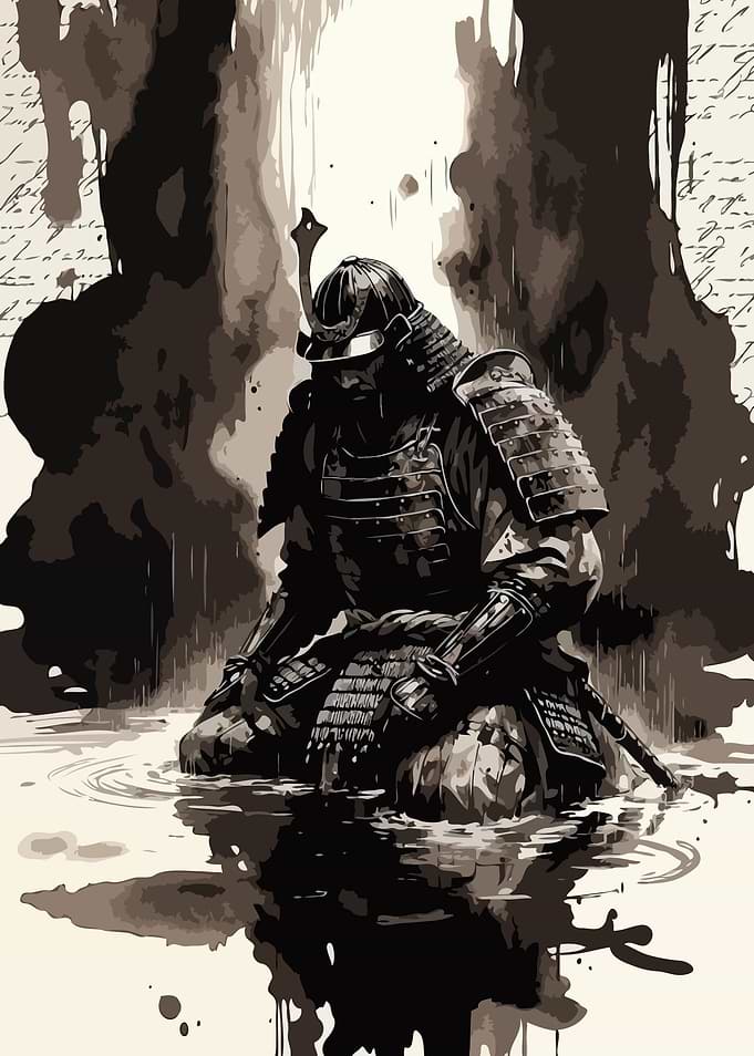 Samurai kneeling in water Art